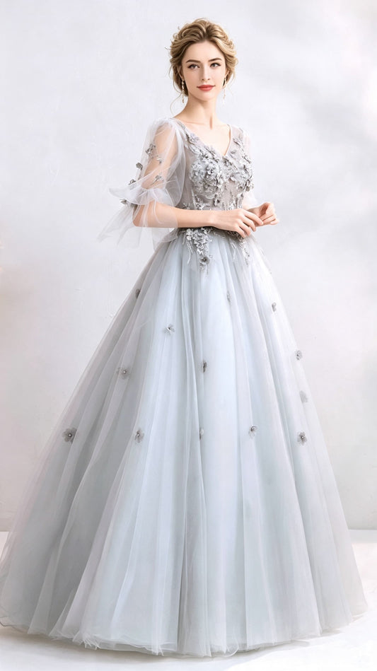 Sleek A-line Grey Evening Dress V Neck Tulle Long Formal Dress LFNL0639