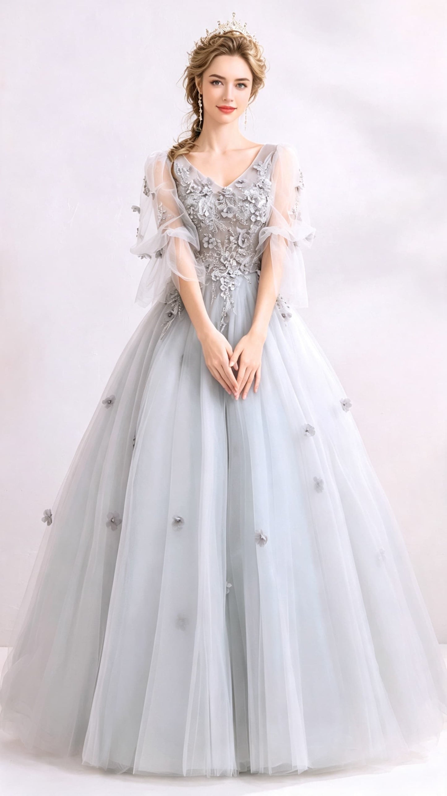 Sleek A-line Grey Evening Dress V Neck Tulle Long Formal Dress LFNL0639
