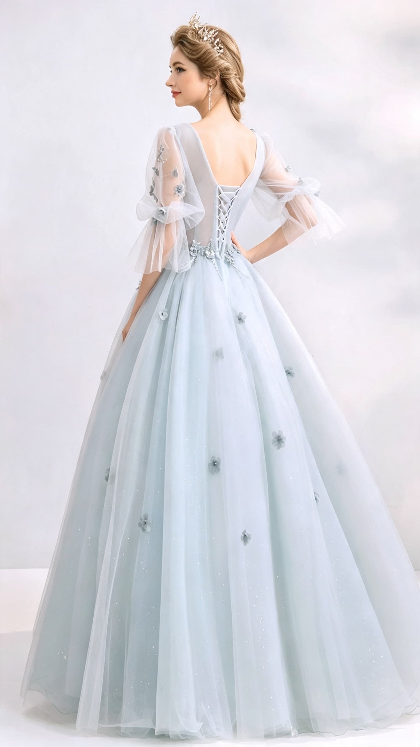 Sleek A-line Grey Evening Dress V Neck Tulle Long Formal Dress LFNL0639