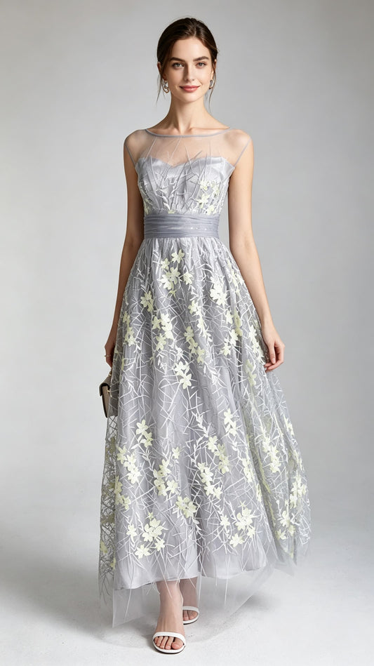 Beautiful tailored A-line Grey Evening Gowns Tulle Formal Dress LFNC0011