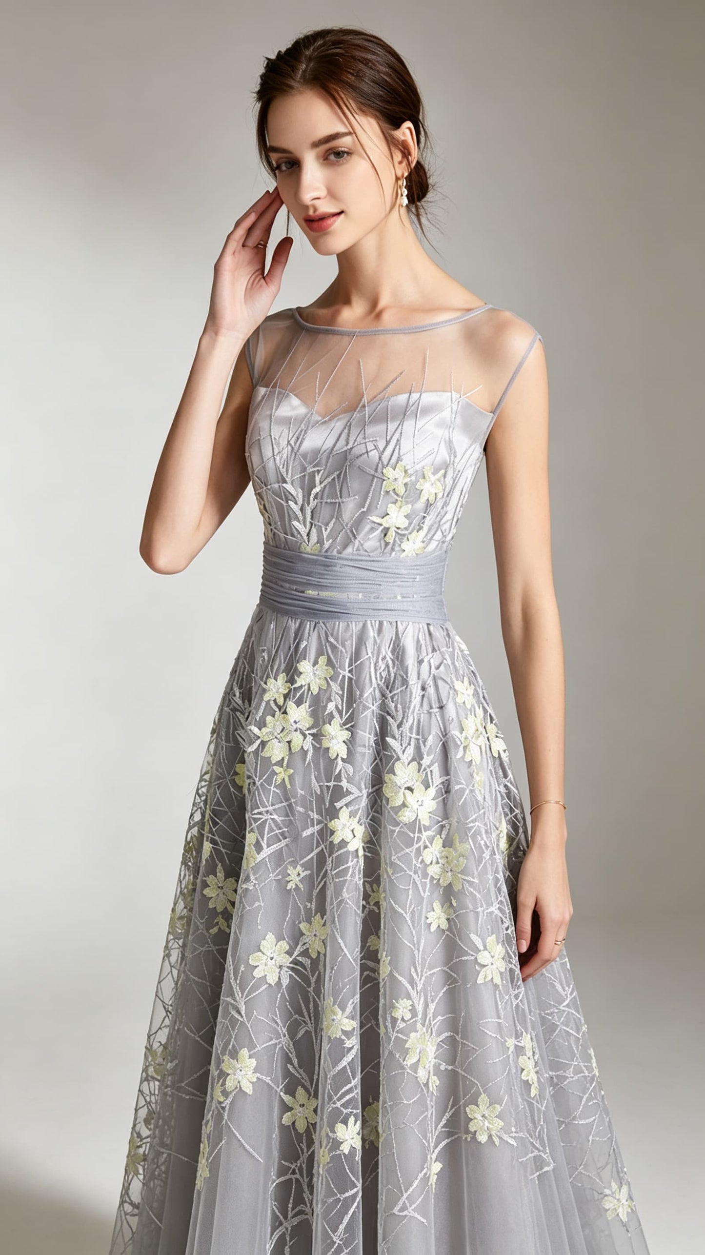 Beautiful tailored A-line Grey Evening Gowns Tulle Formal Dress LFNC0011