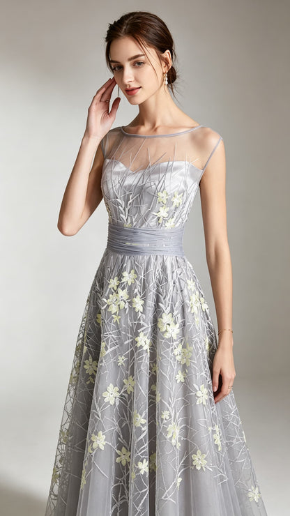 Beautiful tailored A-line Grey Evening Gowns Tulle Formal Dress LFNC0011