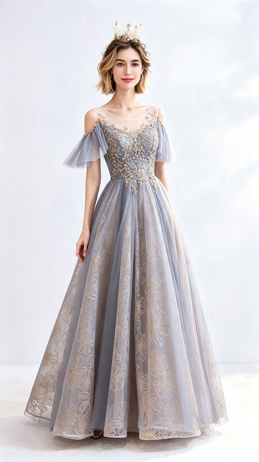 2026 A-line Grey Evening Dress Round Neck Tulle Long Formal Dress LFNC0350