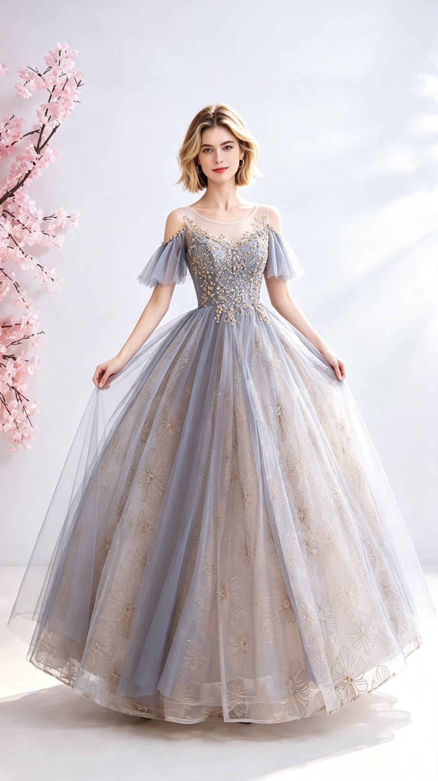 2026 A-line Grey Evening Dress Round Neck Tulle Long Formal Dress LFNC0350