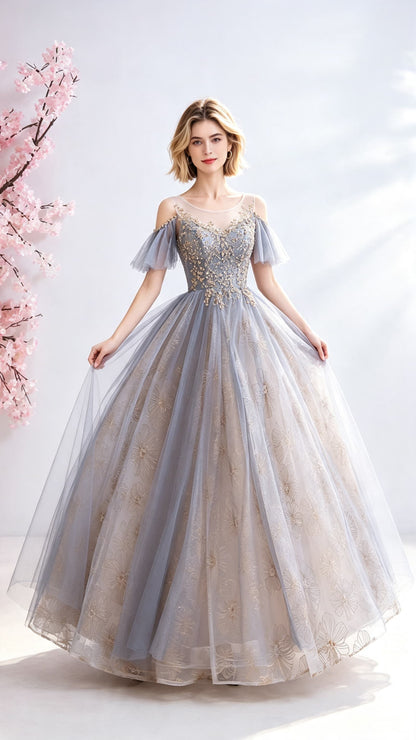 2026 A-line Grey Evening Dress Round Neck Tulle Long Formal Dress LFNC0350