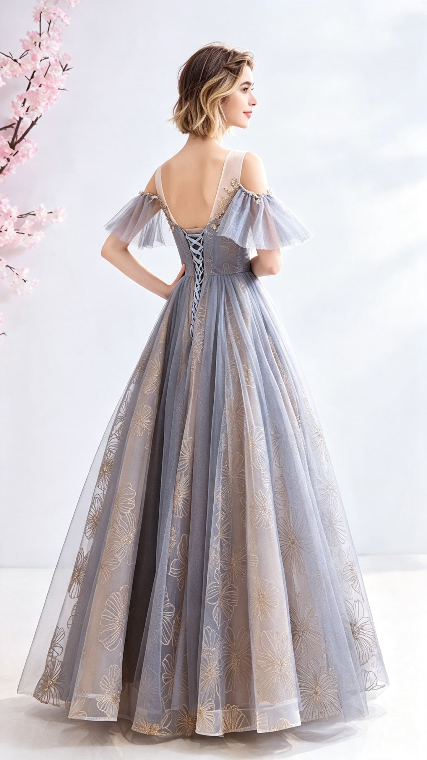 2026 A-line Grey Evening Dress Round Neck Tulle Long Formal Dress LFNC0350