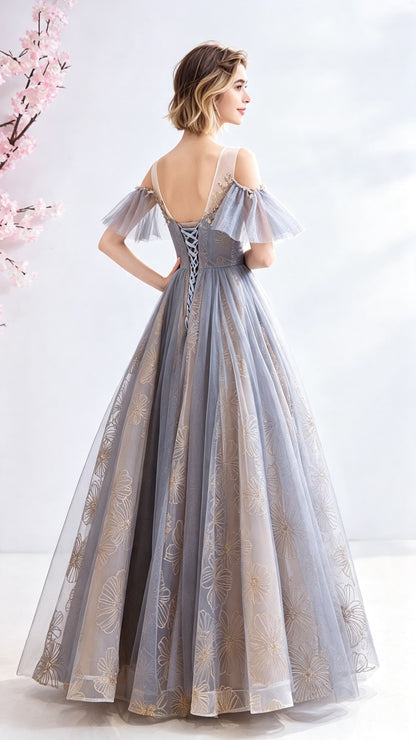 2026 A-line Grey Evening Dress Round Neck Tulle Long Formal Dress LFNC0350