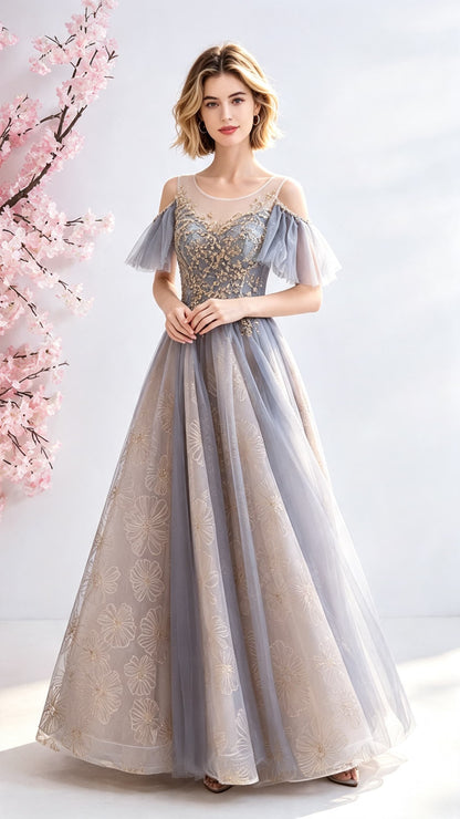 2026 A-line Grey Evening Dress Round Neck Tulle Long Formal Dress LFNC0350
