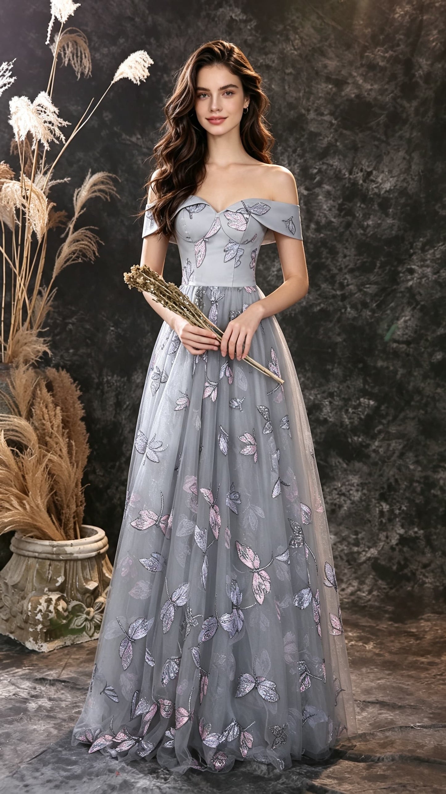 Effortless A-line Grey Evening Gowns Off the Shoulder Dragonfly Lace Fabric Long Formal Dress LFNL0671