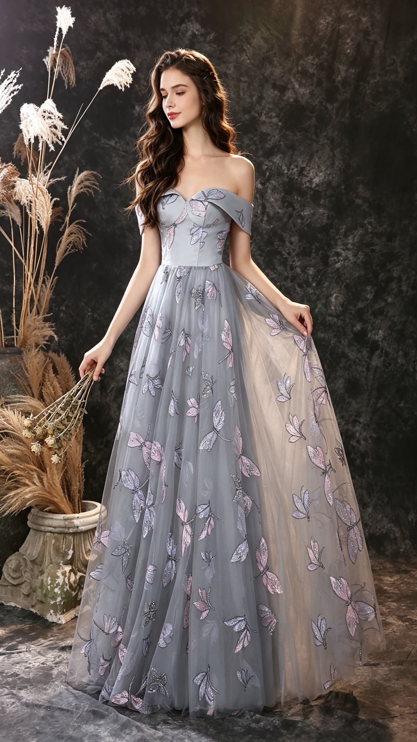 Effortless A-line Grey Evening Gowns Off the Shoulder Dragonfly Lace Fabric Long Formal Dress LFNL0671