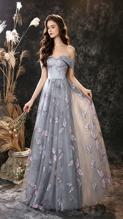 Effortless A-line Grey Evening Gowns Off the Shoulder Dragonfly Lace Fabric Long Formal Dress LFNL0671