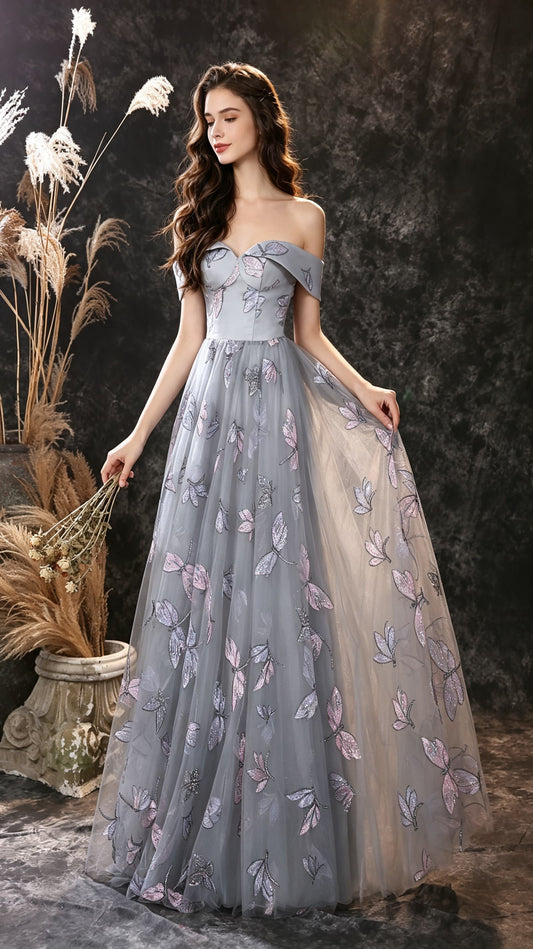 Effortless A-line Grey Evening Gowns Off the Shoulder Dragonfly Lace Fabric Long Formal Dress LFNL0671