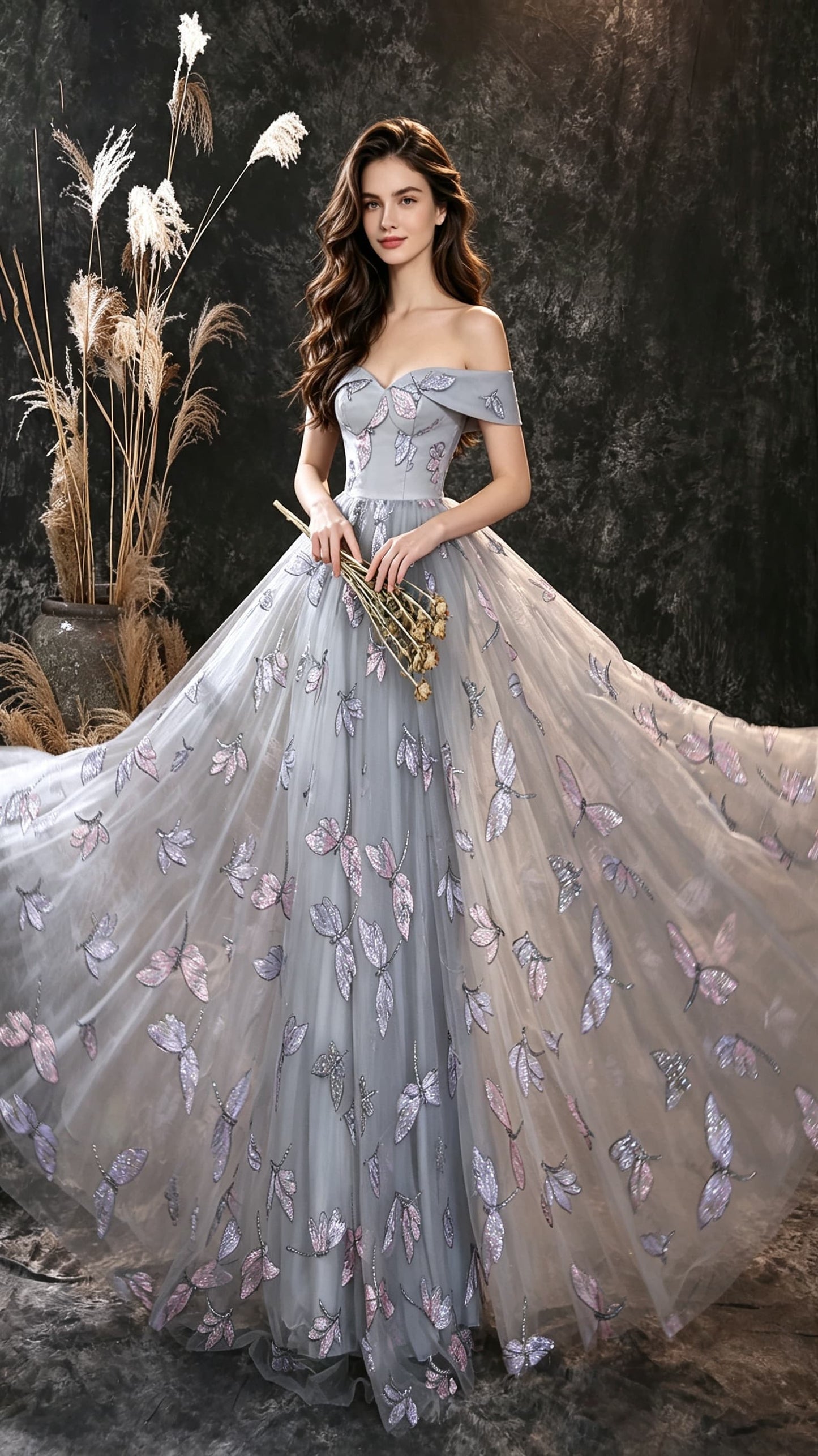 Effortless A-line Grey Evening Gowns Off the Shoulder Dragonfly Lace Fabric Long Formal Dress LFNL0671
