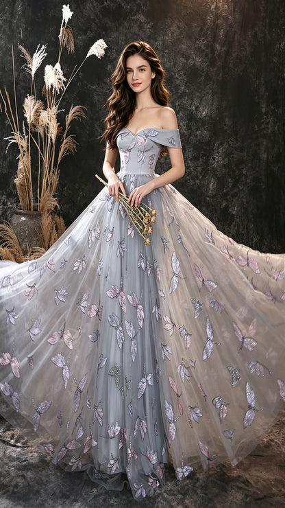 Feminine A-line Grey Evening Gowns V Neck Dandelion Mesh Lace Long Formal Dress LFNL0672