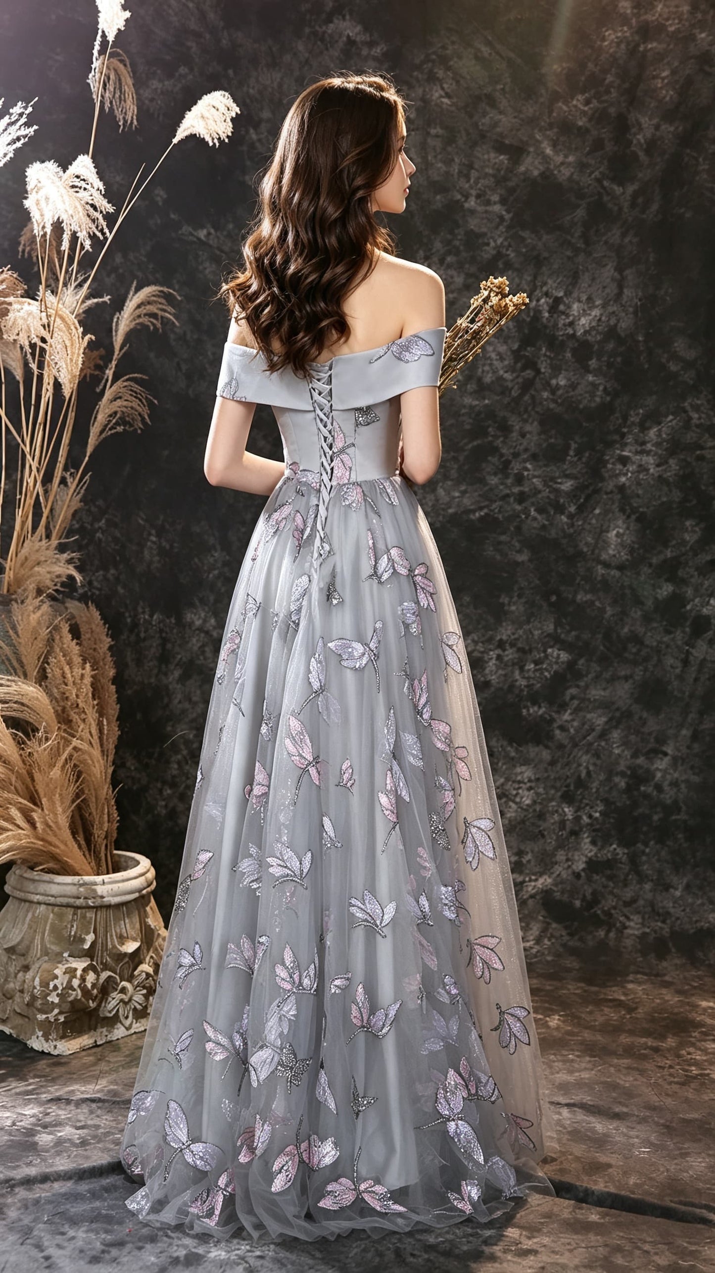 Effortless A-line Grey Evening Gowns Off the Shoulder Dragonfly Lace Fabric Long Formal Dress LFNL0671