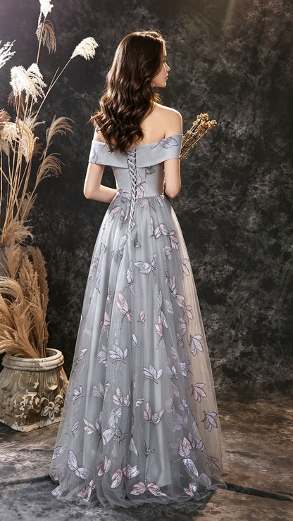 Feminine A-line Grey Evening Gowns V Neck Dandelion Mesh Lace Long Formal Dress LFNL0672