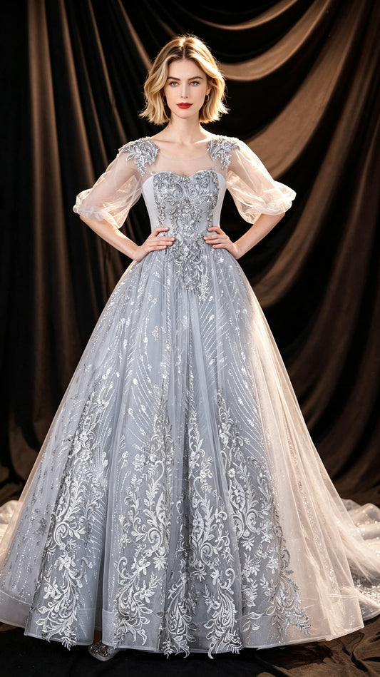 Eye-catching A-line Grey Evening Dress Round Neck Tulle Long Formal Dress LFNC0433