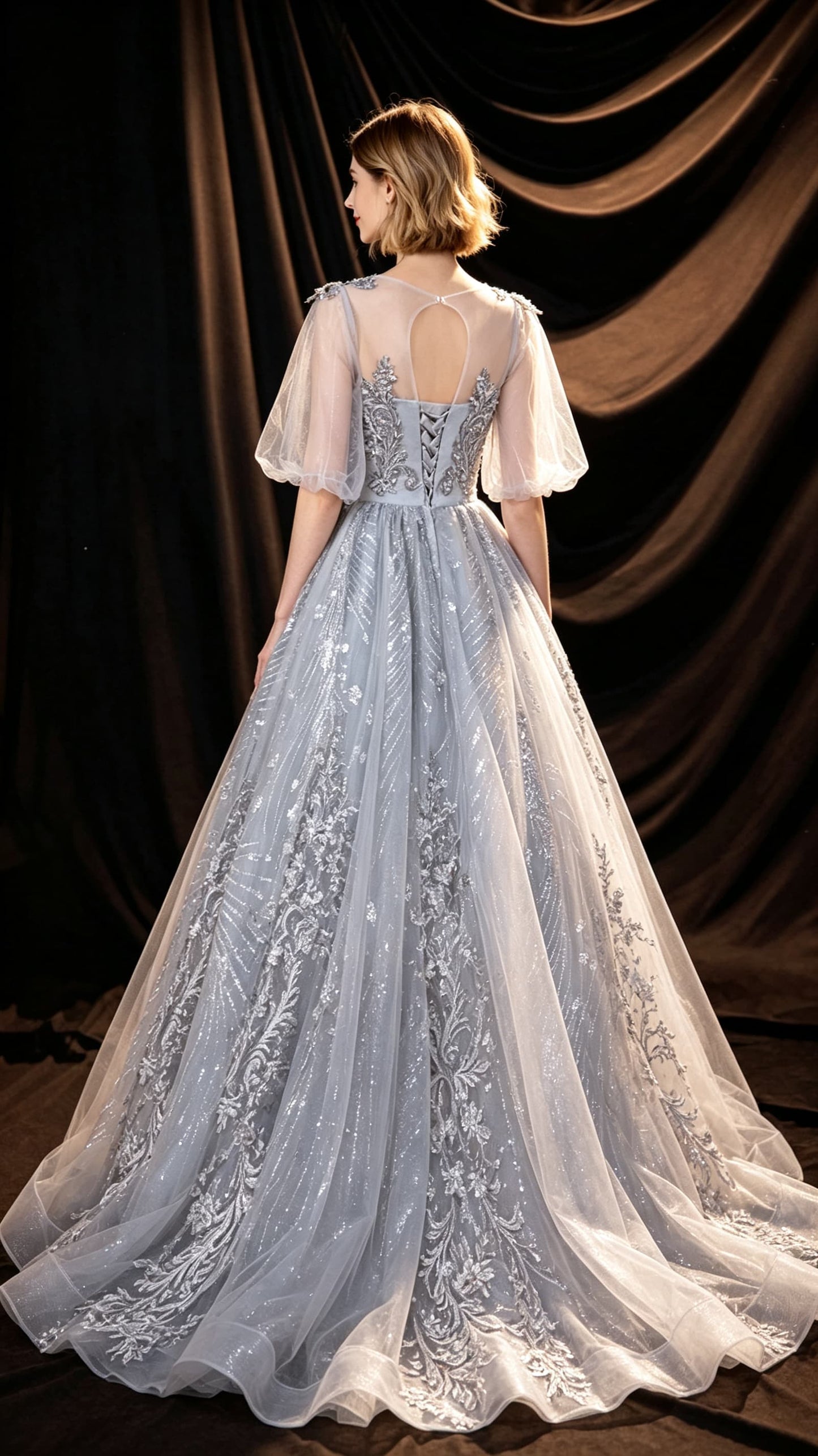 Eye-catching A-line Grey Evening Dress Round Neck Tulle Long Formal Dress LFNC0433
