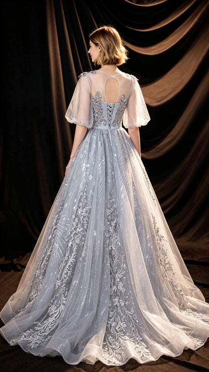 Eye-catching A-line Grey Evening Dress Round Neck Tulle Long Formal Dress LFNC0433