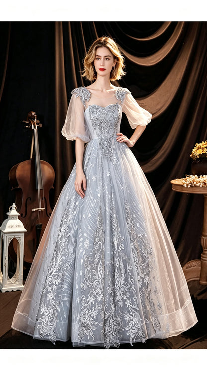 Eye-catching A-line Grey Evening Dress Round Neck Tulle Long Formal Dress LFNC0433