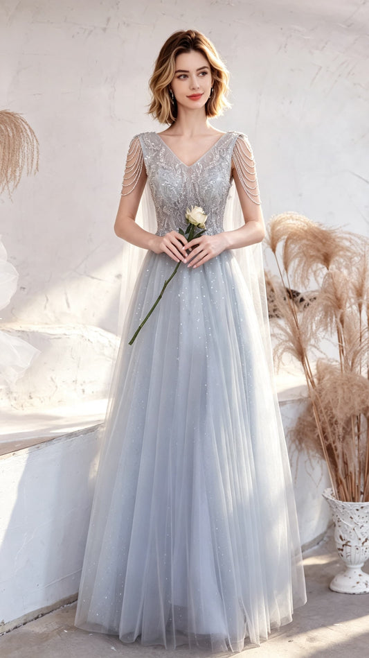 Sleek A-line Grey Evening Dress V Neck Tulle Long Formal Dress LFNC0353