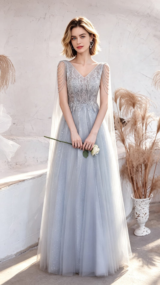 Sleek A-line Grey Evening Dress V Neck Tulle Long Formal Dress LFNC0353