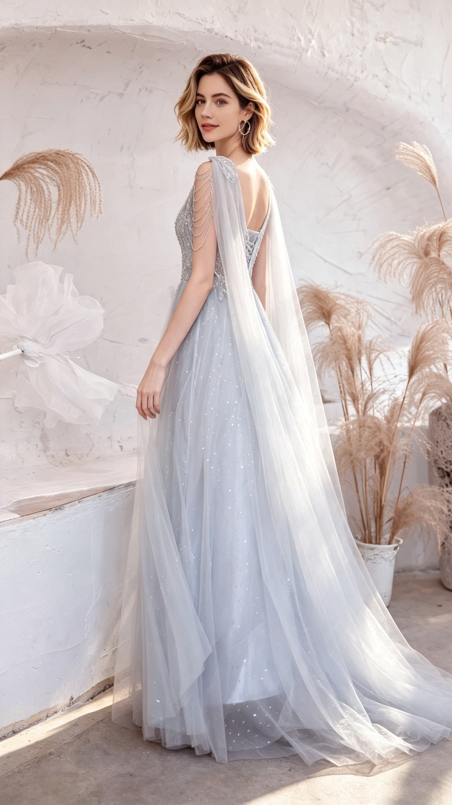 Sleek A-line Grey Evening Dress V Neck Tulle Long Formal Dress LFNC0353