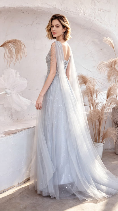 Sleek A-line Grey Evening Dress V Neck Tulle Long Formal Dress LFNC0353