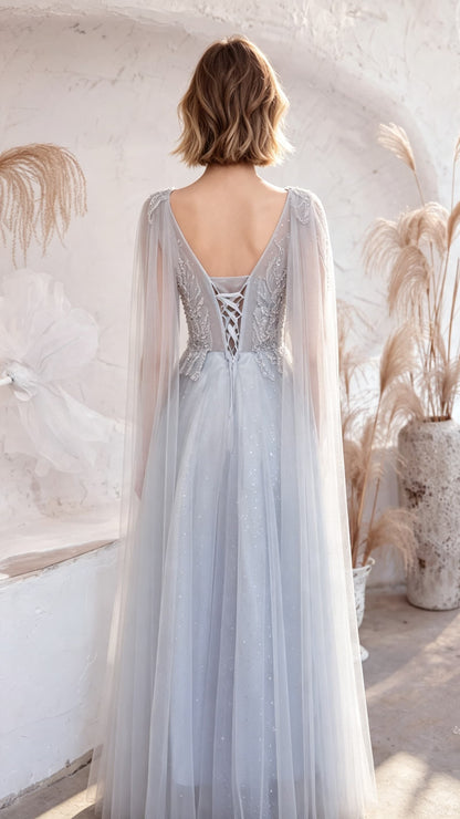 Sleek A-line Grey Evening Dress V Neck Tulle Long Formal Dress LFNC0353