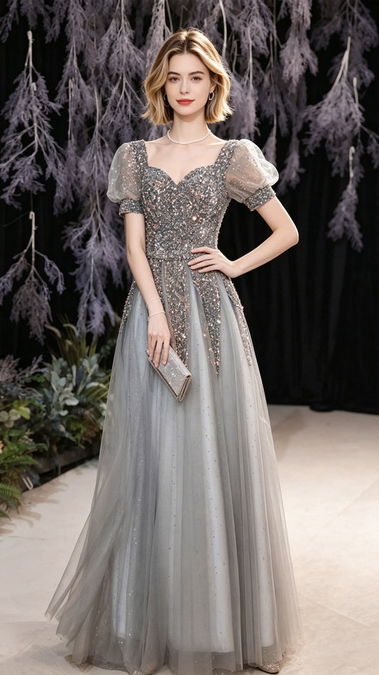 Soft A-line Grey Evening Dress Square Collar Neck Tulle Long Formal Dress LFNC0438