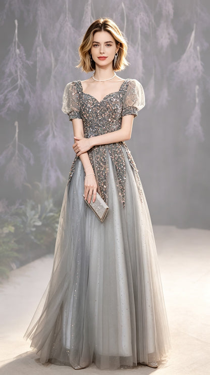 Soft A-line Grey Evening Dress Square Collar Neck Tulle Long Formal Dress LFNC0438
