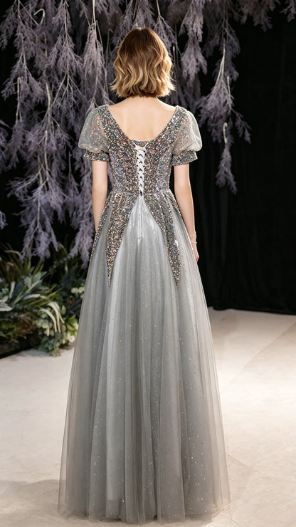 Soft A-line Grey Evening Dress Square Collar Neck Tulle Long Formal Dress LFNC0438