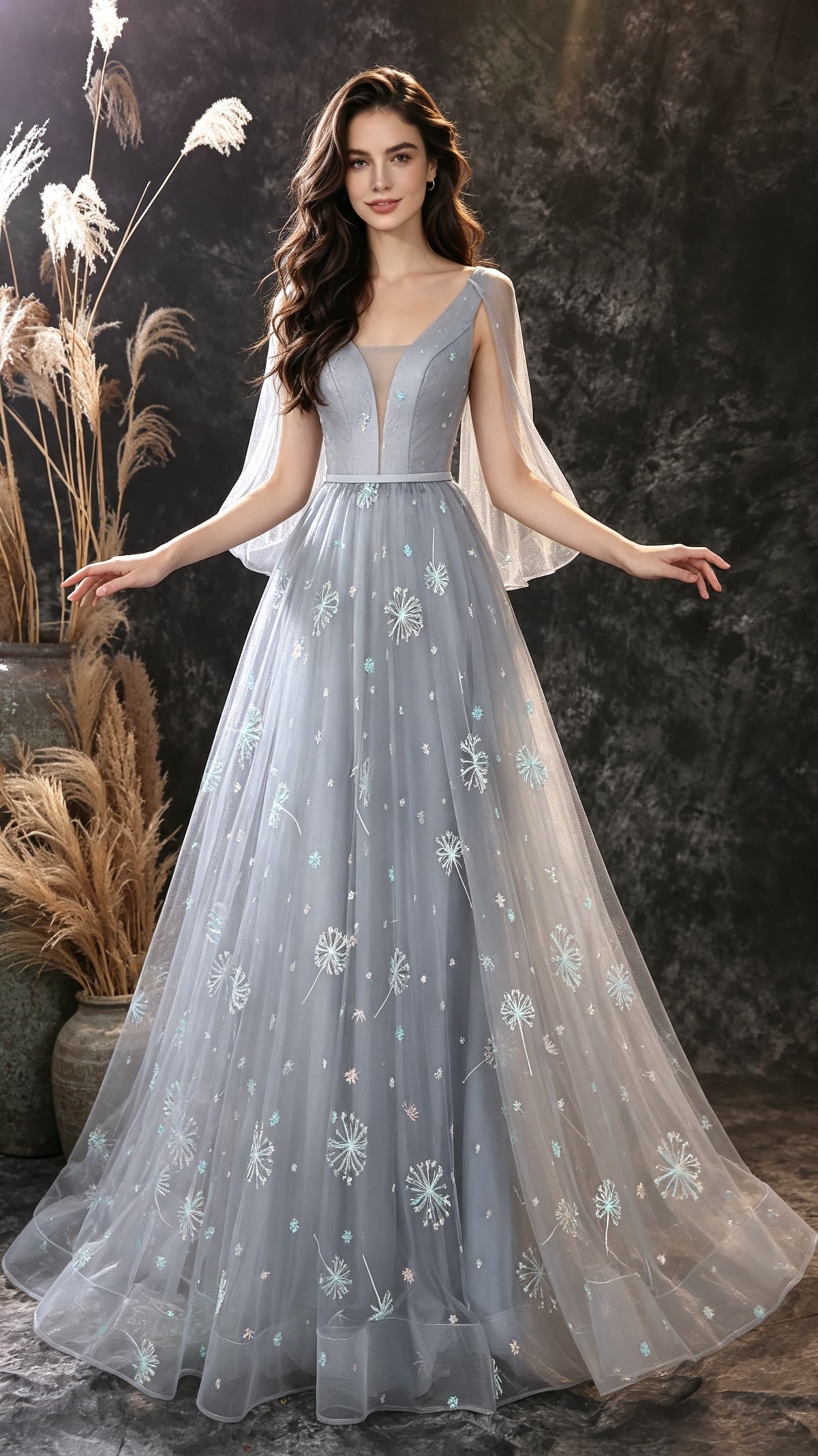 Feminine A-line Grey Evening Gowns V Neck Dandelion Mesh Lace Long Formal Dress LFNL0672