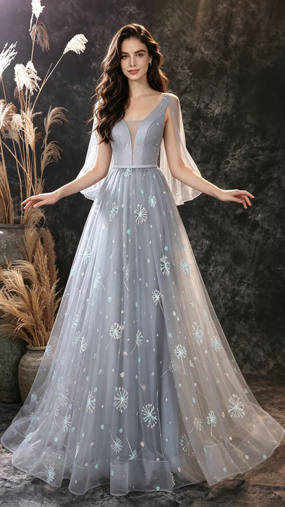 Feminine A-line Grey Evening Gowns V Neck Dandelion Mesh Lace Long Formal Dress LFNL0672