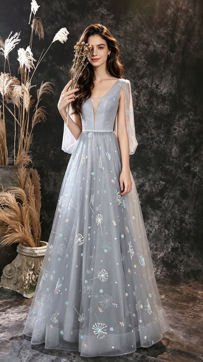 Feminine A-line Grey Evening Gowns V Neck Dandelion Mesh Lace Long Formal Dress LFNL0672