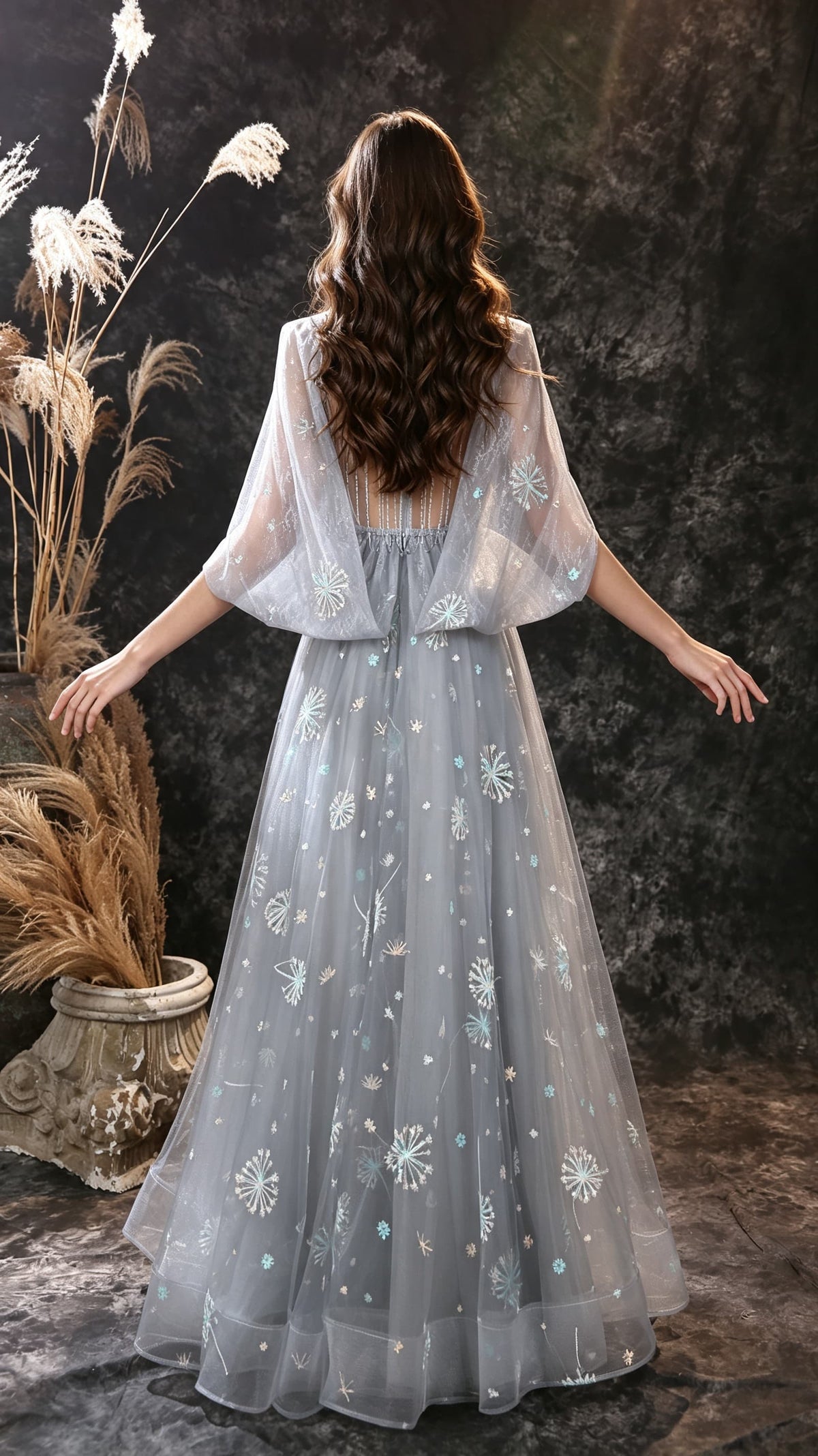 Feminine A-line Grey Evening Gowns V Neck Dandelion Mesh Lace Long Formal Dress LFNL0672