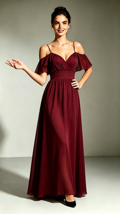 Burgundy red A‑line chiffon maxi evening gown, off‑the‑shoulder ruffled sleeves, thin spaghetti straps, wrap v‑neck, hand‑tailored formal long dress