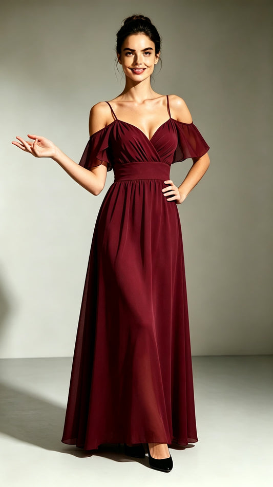 Burgundy red A‑line chiffon maxi evening gown, off‑the‑shoulder ruffled sleeves, thin spaghetti straps, wrap v‑neck, hand‑tailored formal long dress