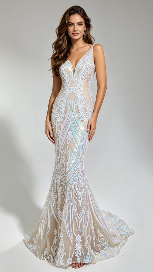 Classy Mermaid White Evening Gowns V Neck Tulle & Sequins Long Formal Dress LFNG0022