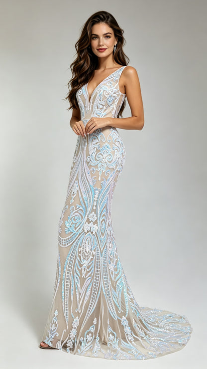 Classy Mermaid White Evening Gowns V Neck Tulle & Sequins Long Formal Dress LFNG0022