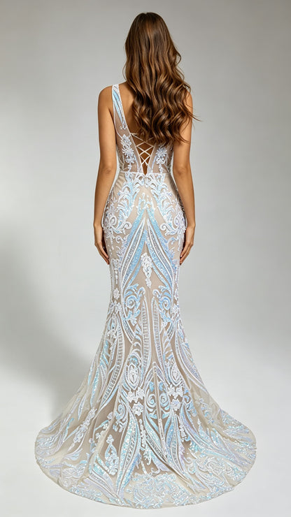 Classy Mermaid White Evening Gowns V Neck Tulle & Sequins Long Formal Dress LFNG0022