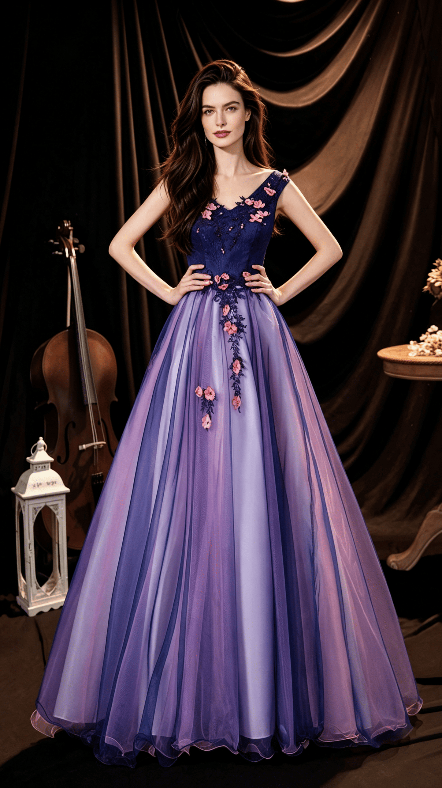 Classy A-line Purple Evening Dress V Neck Tulle Long Formal Dress LFNC0388