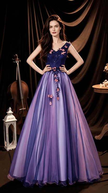 Classy A-line Purple Evening Dress V Neck Tulle Long Formal Dress LFNC0388
