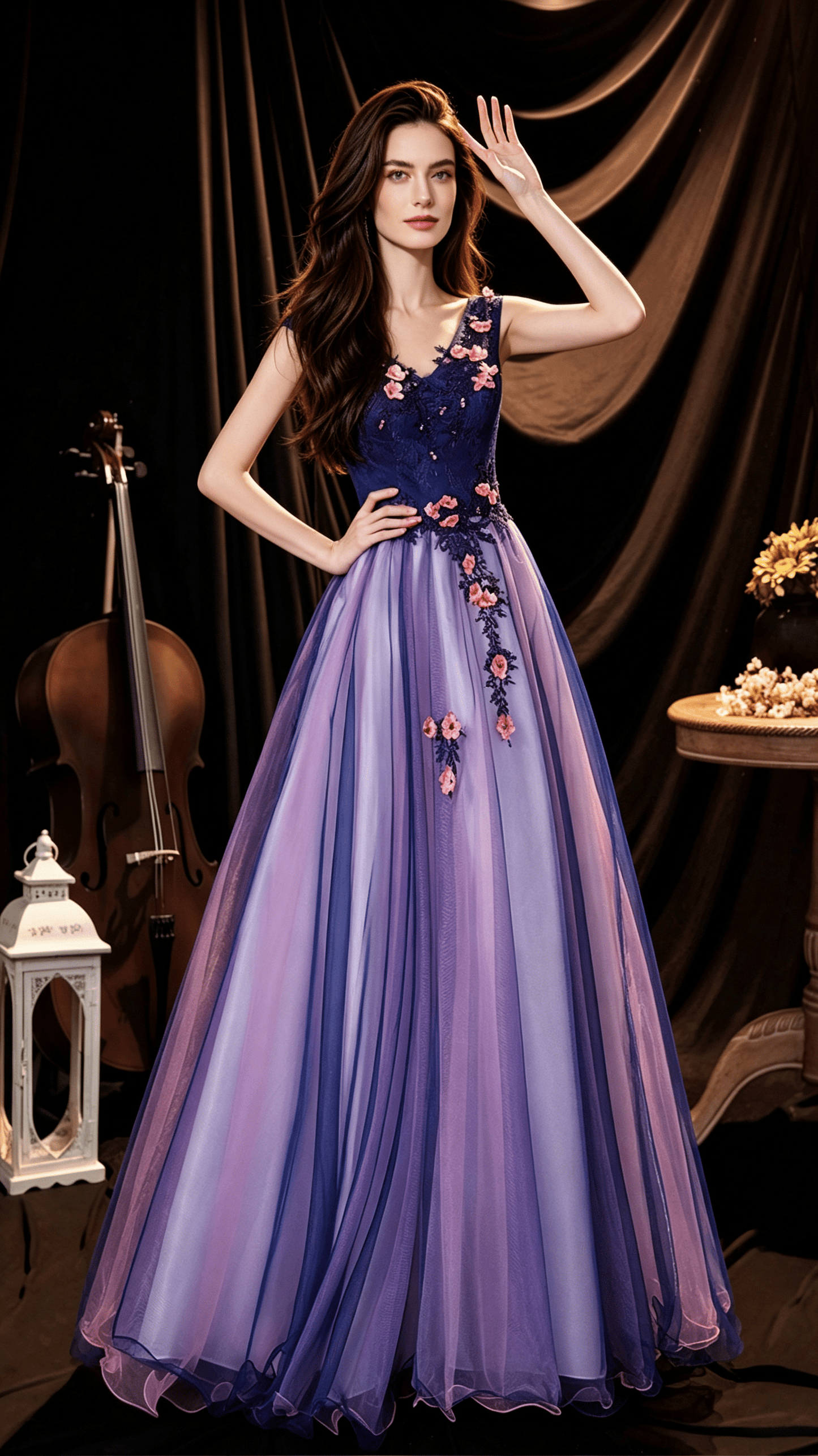 Classy A-line Purple Evening Dress V Neck Tulle Long Formal Dress LFNC0388
