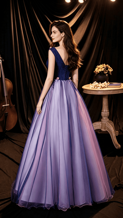 Classy A-line Purple Evening Dress V Neck Tulle Long Formal Dress LFNC0388
