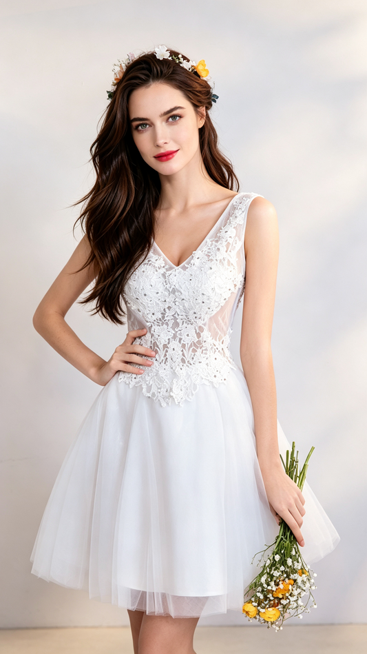 Simple A-line White Evening Dress V Neck Tulle Short Formal Dress LFNC0389