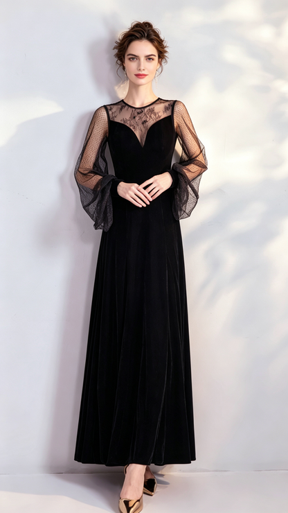Lightweight A-line Black Evening Dress Round Neck Velvet Long Formal Dress LFNC0397