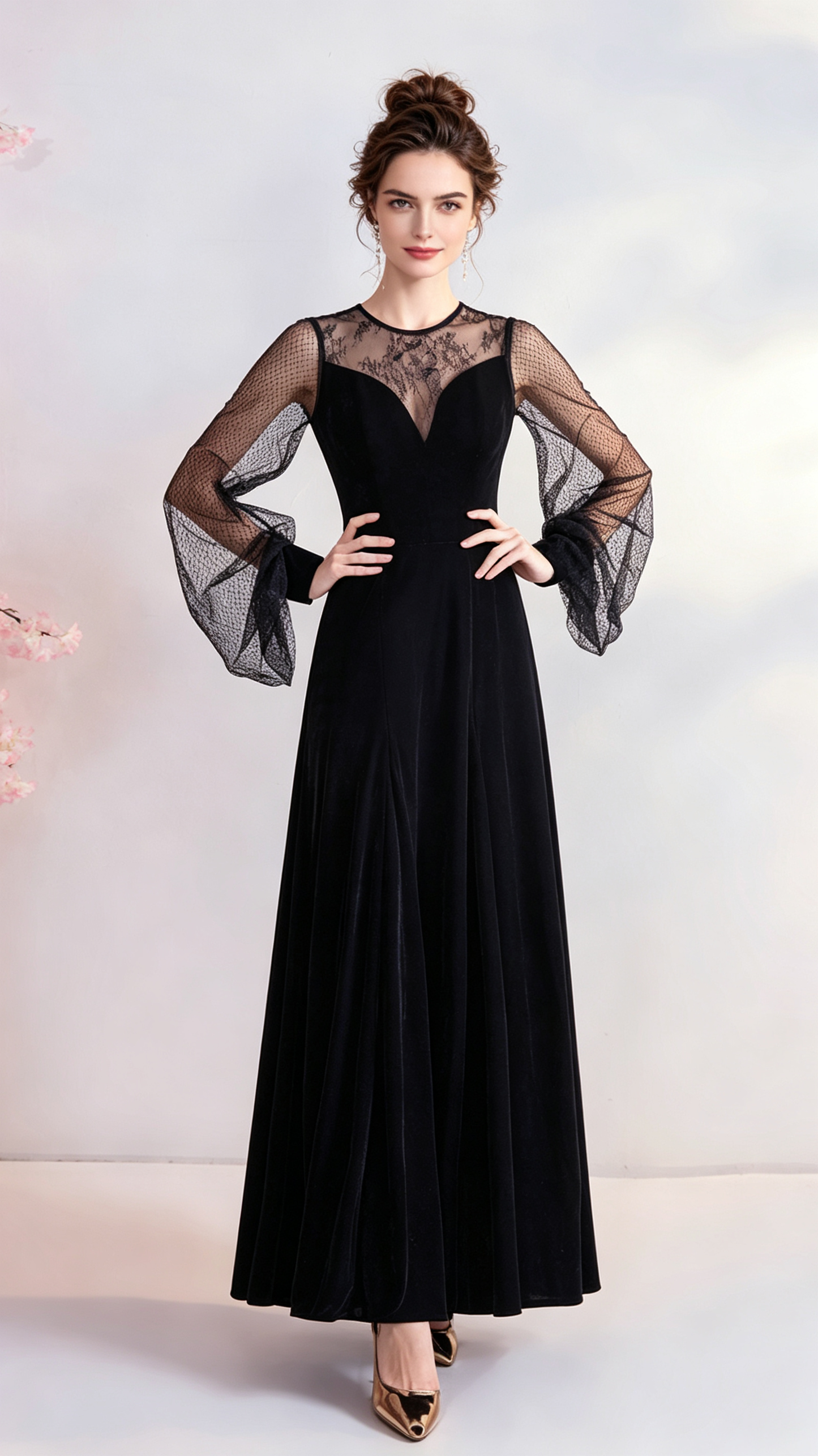 Lightweight A-line Black Evening Dress Round Neck Velvet Long Formal Dress LFNC0397