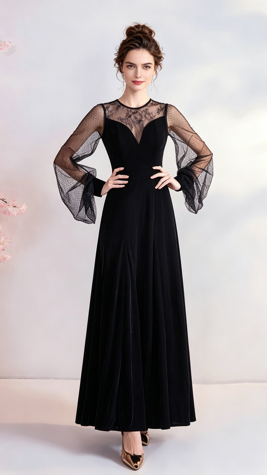 Lightweight A-line Black Evening Dress Round Neck Velvet Long Formal Dress LFNC0397