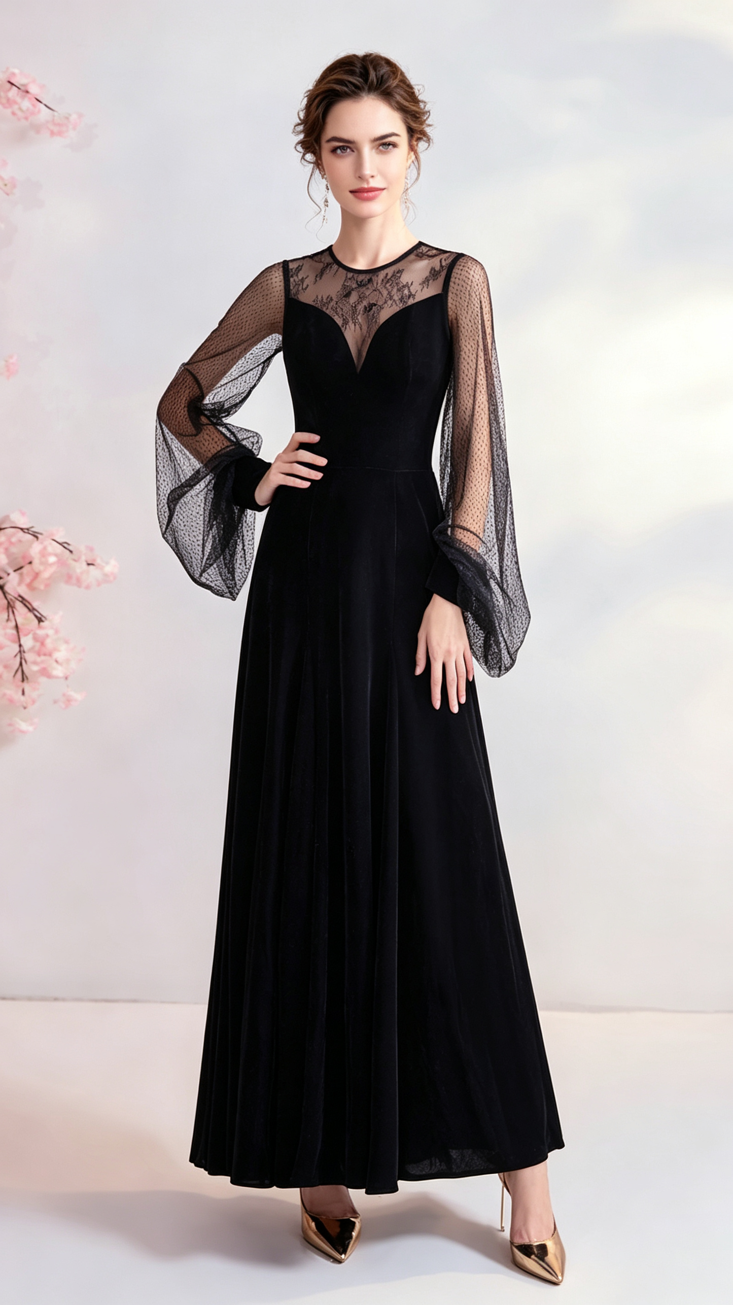 Lightweight A-line Black Evening Dress Round Neck Velvet Long Formal Dress LFNC0397